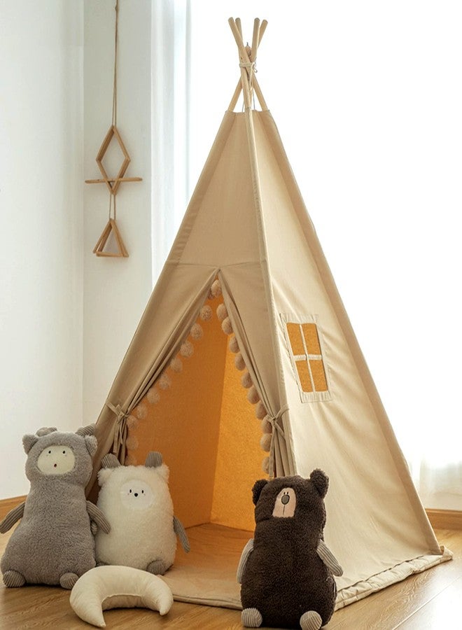Rongfa Teepee for Kids Tent Indoor with Floor Mat,Carry Bag,Banner,Play Cottage with Star Light, Cotton Canvas Kids Teepee Tent for Girls & Boys, Pompom Ball Design, Foldable Teepee Tent - Image 5